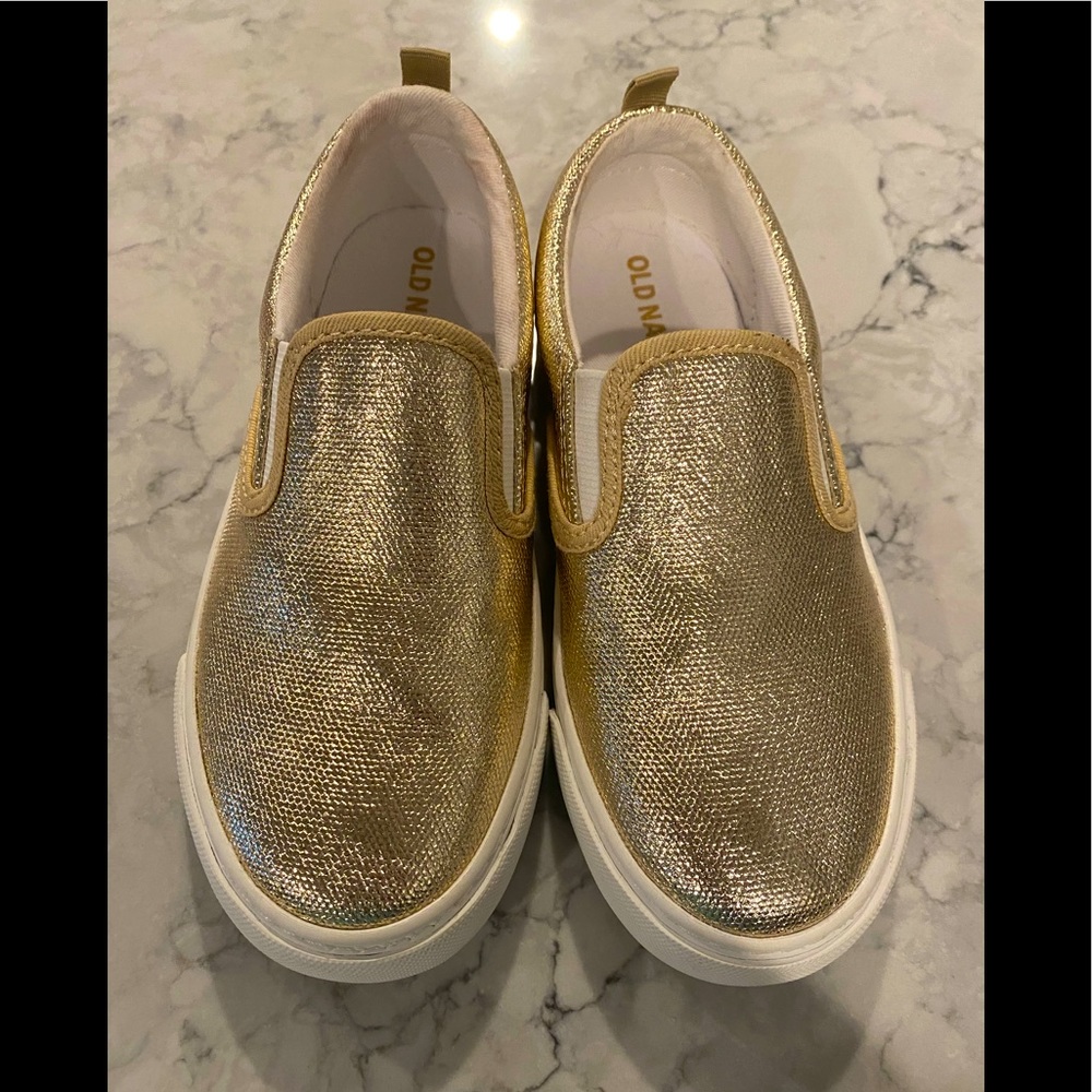 Girls size 12 gold and white slip on shoes